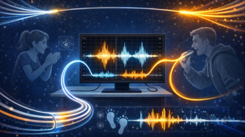 Zwei Personen beobachten, wie Licht akustische Wellen sichtbar macht.