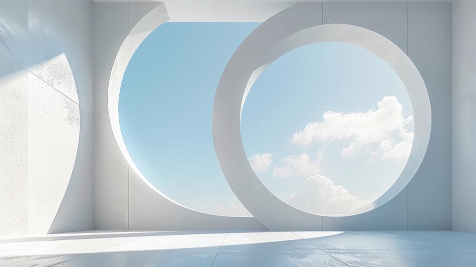 Kunstwerk mit Wolken vor runden Fenstern