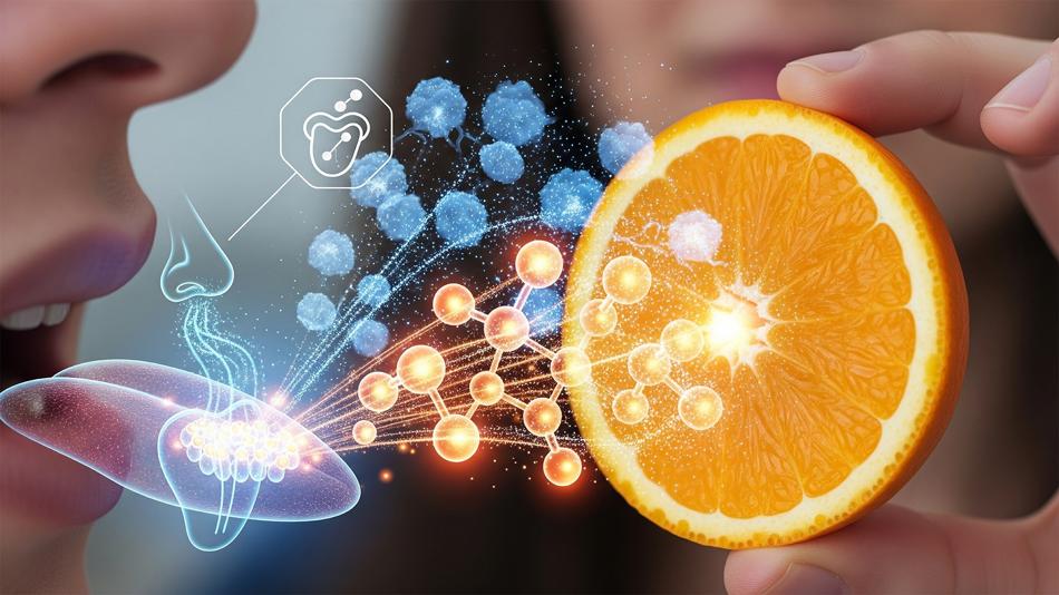 Riechen und Schmecken einer Orange