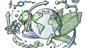 Symbolische Darstellung von Circular Bioengineering: Erde, Pflanzen und Moleküle stehen für nachhaltige, biobasierte Innovationen im globalen Kreislauf.