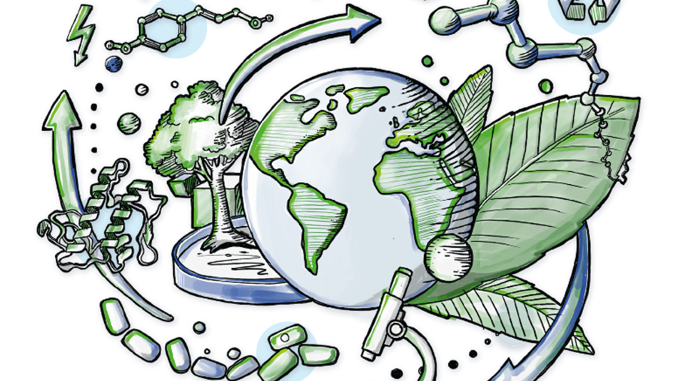 Symbolische Darstellung von Circular Bioengineering: Erde, Pflanzen und Moleküle stehen für nachhaltige, biobasierte Innovationen im globalen Kreislauf.
