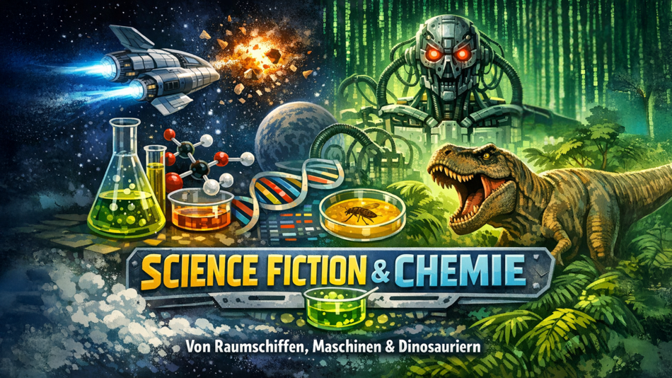 KI Graphik: Raumschiff, Roboter, T-Rex, Laborgefäße, DNA-Strang