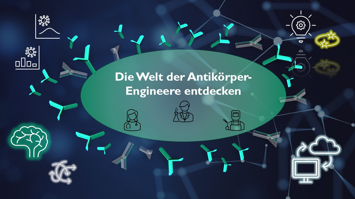 Antikörper in einem Netzwerk dargestellt, mit dem Titel „Die Welt der Antikörper-Engineerin entdecken“.