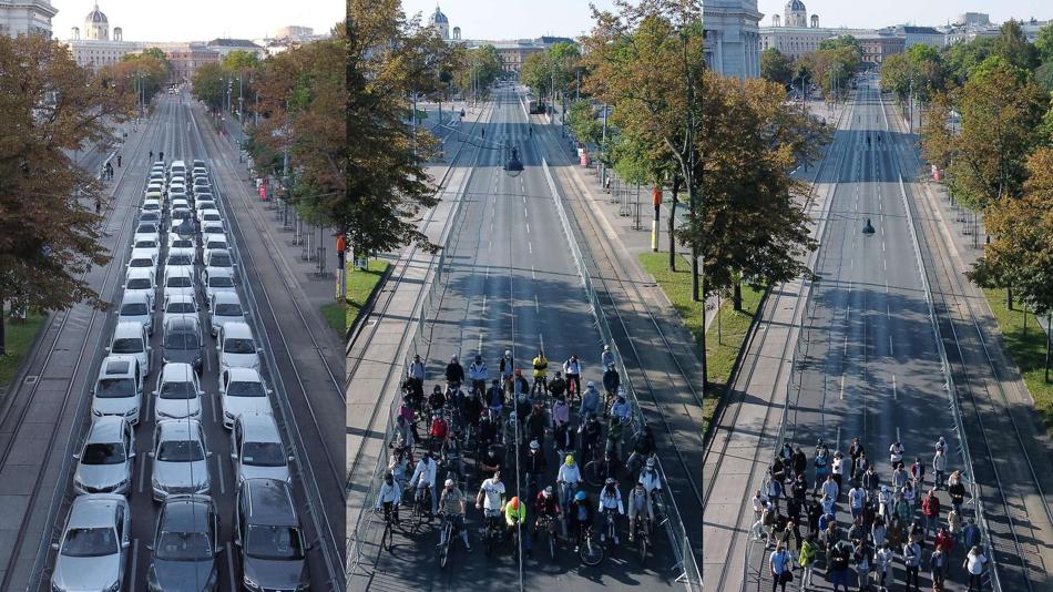 Links eine Straße mit Autos, in der Mitte mit Fahrrädern, rechts mit Fußgängern