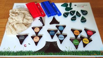 Tisch mit verschiedenen Spielsteinen, die auf einer Matte liegen, auf der ein Baum aufgezeichnet ist