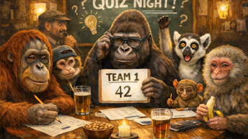 Ein KI-generiertes Bild von verschiedenen Affen, welche um einen Bartisch sitzen und Zettel ausfüllen