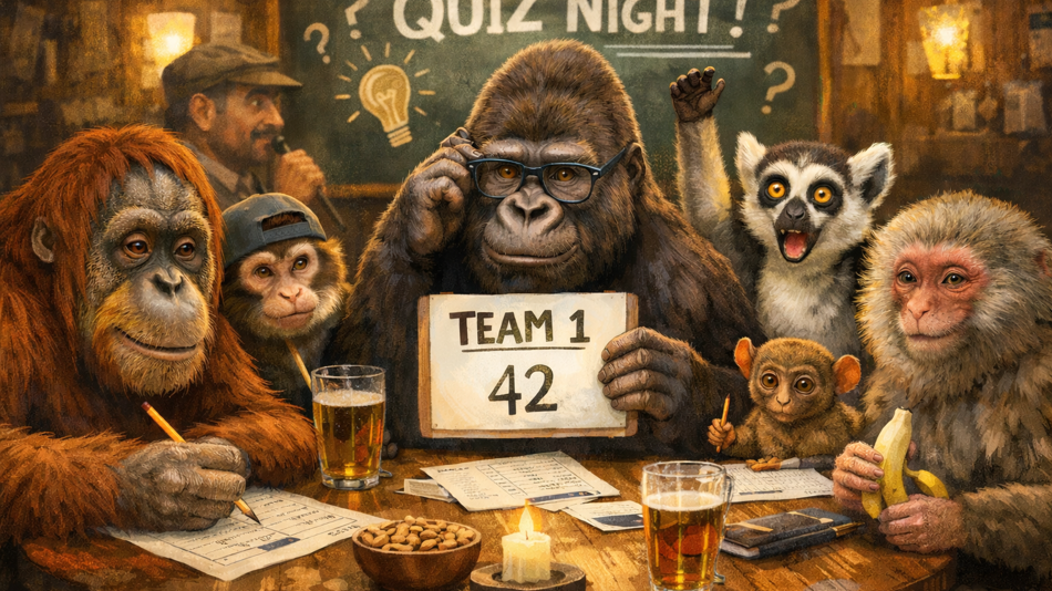 Ein KI-generiertes Bild von verschiedenen Affen, welche um einen Bartisch sitzen und Zettel ausfüllen