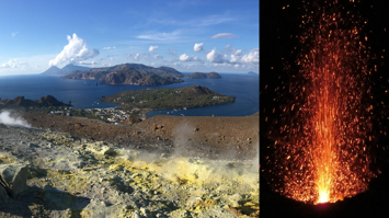 Links ein Bild von Inseln und Meer, Rauch geht auf. Rechts ein Bild eines aktiv ausbrechenden Vulkans.