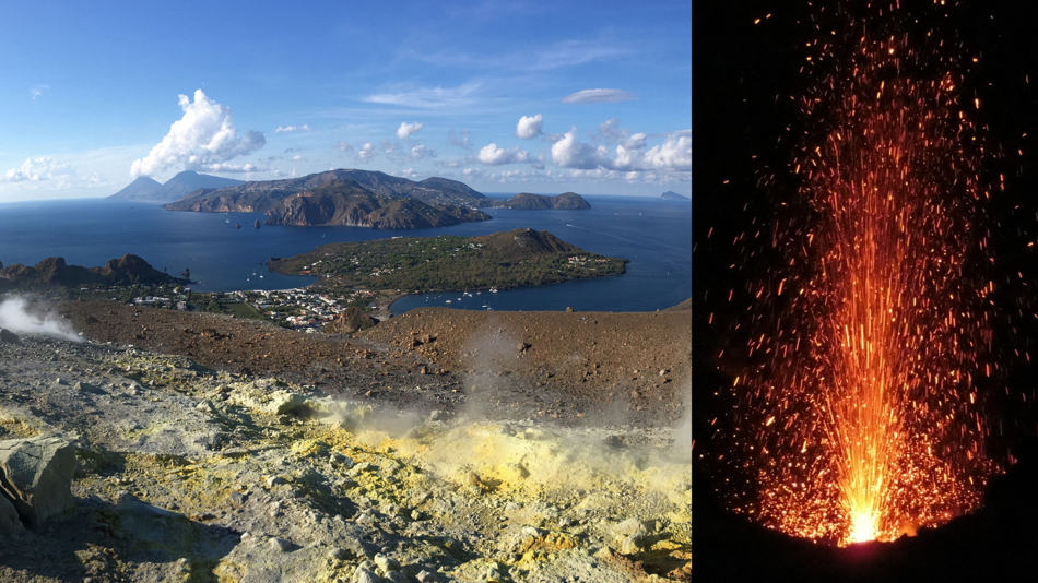 Links ein Bild von Inseln und Meer, Rauch geht auf. Rechts ein Bild eines aktiv ausbrechenden Vulkans.