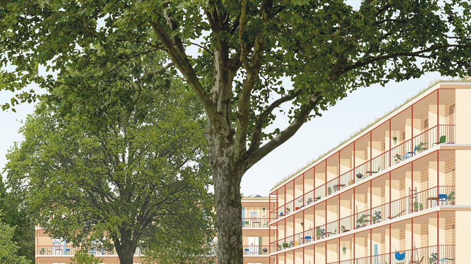 Visialiseirung von Gebäuden, im Vordergrund mehrere Bäume