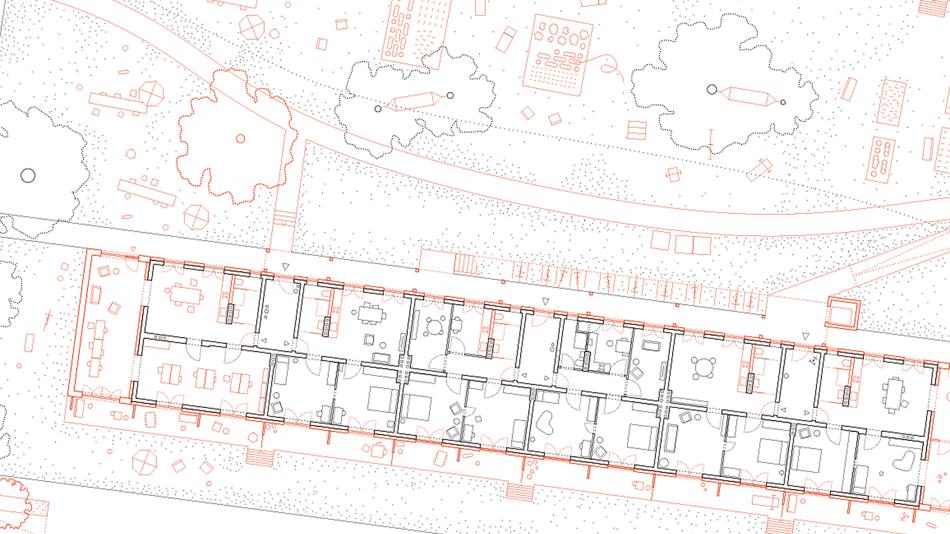 Planansicht von Häusern und einer Parkanlage