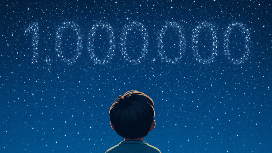 Kind schaut in Nachthimmel mit 1 Million