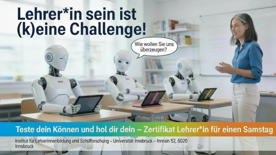Lehrperson vor sitzenden Schüler:innenrobotern
