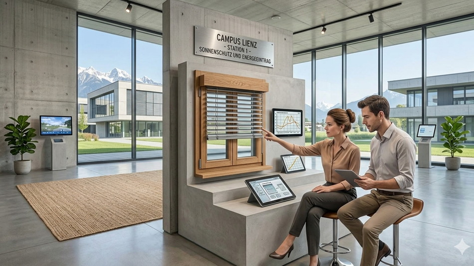 Zwei Menschen vor einem Raffstoremuster, mit Laptop die Lamellen steuernd, diskutierend über die Wirkung