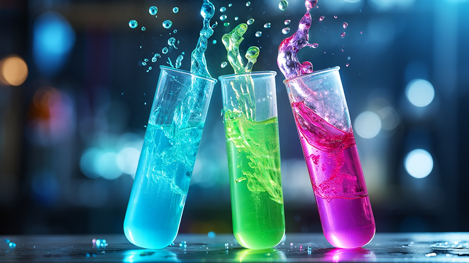 Drei Reagenzgläser, die mit verschiedenfarbigen Flüssigkeiten gefüllt sind.