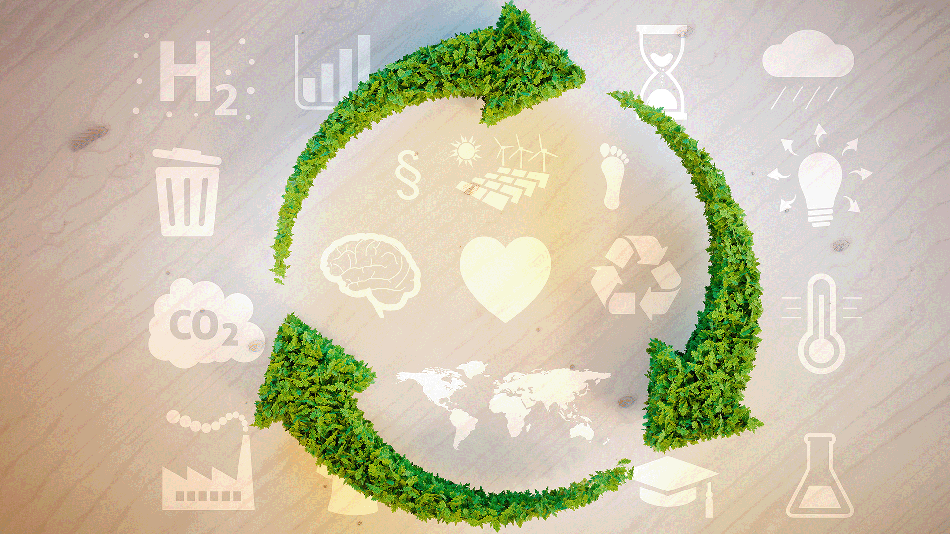 Illustration von Nachhaltigkeitssymbolen mit Recycling-Symbol im Vordergrund
