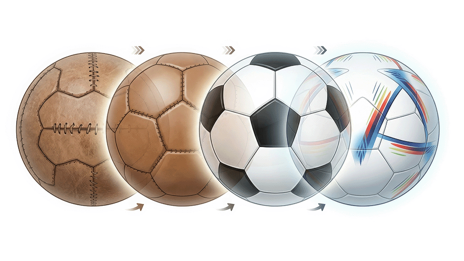 Illustrationen von Fußbällen aus verschiedenen Epochen