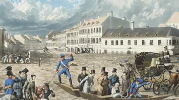 Dieser Kupferstich aus dem Jahr 1830 zeigt eine Überschwemmung im heutigen 9. Wiener Gemeindebezirk (Eduard Gurk, "Denkmahl edler hochherziger Gesinnungen und Handlungen", 1830