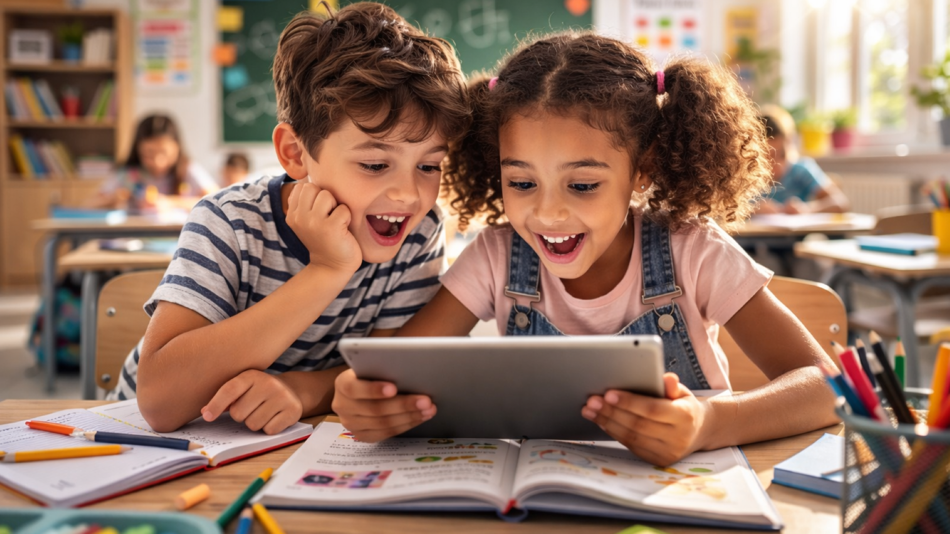 Kinder lesen auf dem Tablet